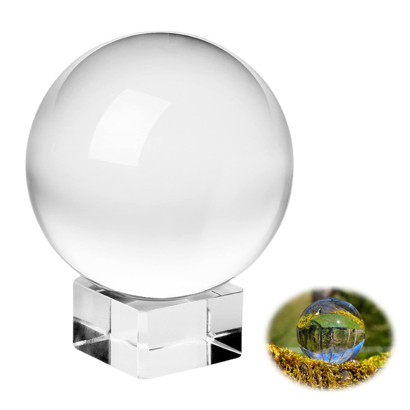 Sfera di vetro K9, 80 mm, sfera di cristallo trasparente, per fotografia, sfera di cristallo trasparente, con base rotonda in legno, per accessori fotografici, pallina da divinazione, regalo per