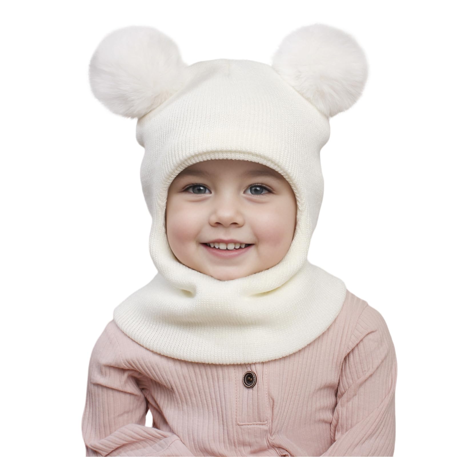 Dreshow Girls 1 Pc Hat: 08-White Kids Winter Warm Hat Scarf Baby Earflap Beanies Hood Pom Pom Toddler Hat Windproof Balaclava Kids 1-6 Years