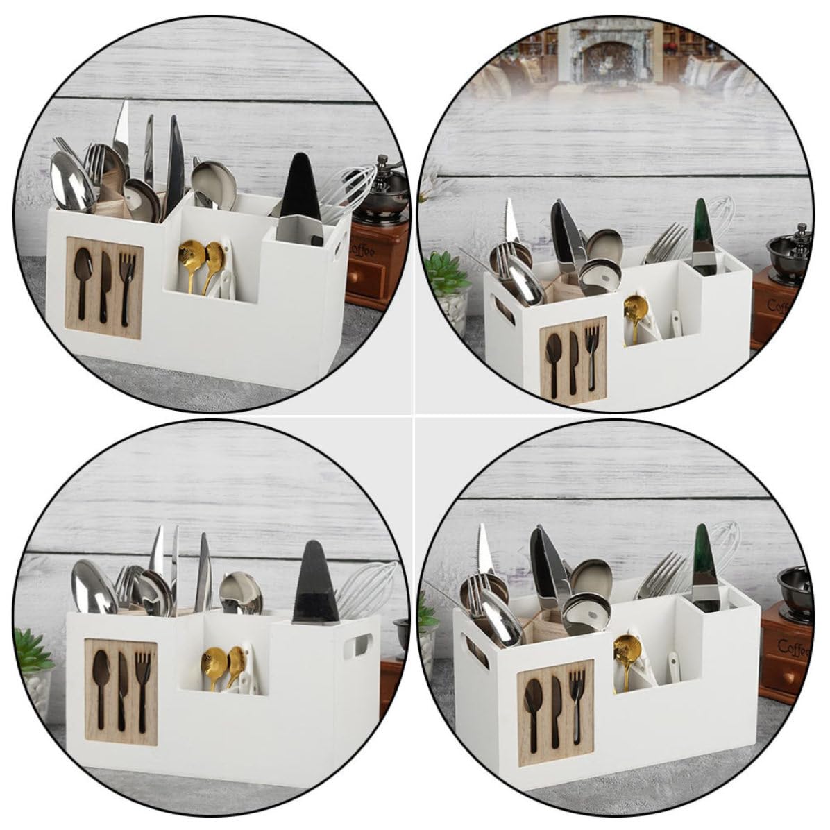 Zerodeko Porte-ustensiles Organisateur Multi-compartiments sans Couvercle Cuisine en Bois Naturel 28x12x15 Cm Accessoire Rangement Pratique pour Cuillères, Fourchettes et Couteaux