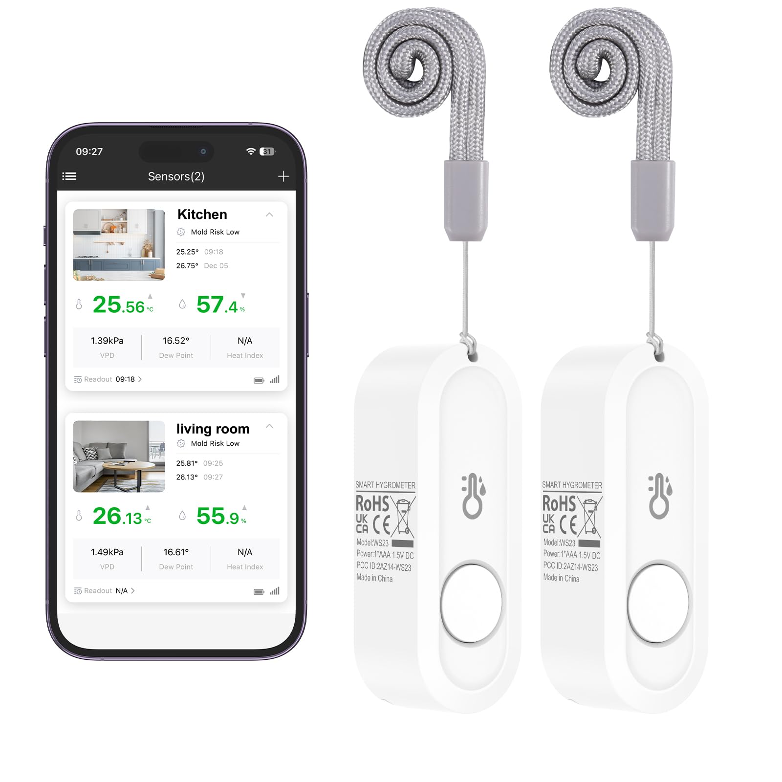 Brifit Wireless Thermometer Hygrometer, Mini Bluetooth Temperature and Humidity Meter with App, Temp Humidity Monitor with Data Storage, Magnetic Suction, Suitable for Home, Office, Baby Room (2 Pack)