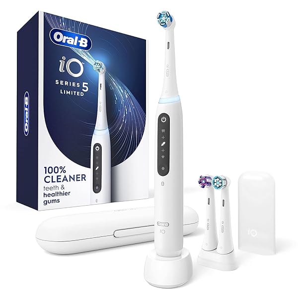 Oral-B iO Deep Clean + Whiten Rechargeable Electric Toothbrush with Visible Pressure Sensor, 2 Minute Timer, 5 Cleaning Settings, 1 iO5 Limited, 3 Toothbrush Heads, Travel Case & Refill Holder, Black