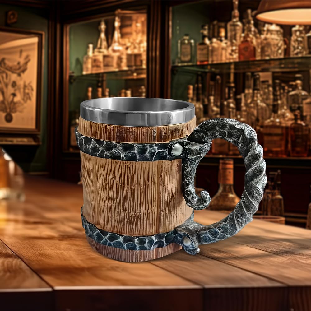 Holzkrug Mittelalter, Bierkrug Holz mit Edelstahl, 600ml Fass Retro Krug Holzfass, Beer Mug für Kaffee/Getränke/Saft, Geschenk für Männer, Vatertagsgeschenk
