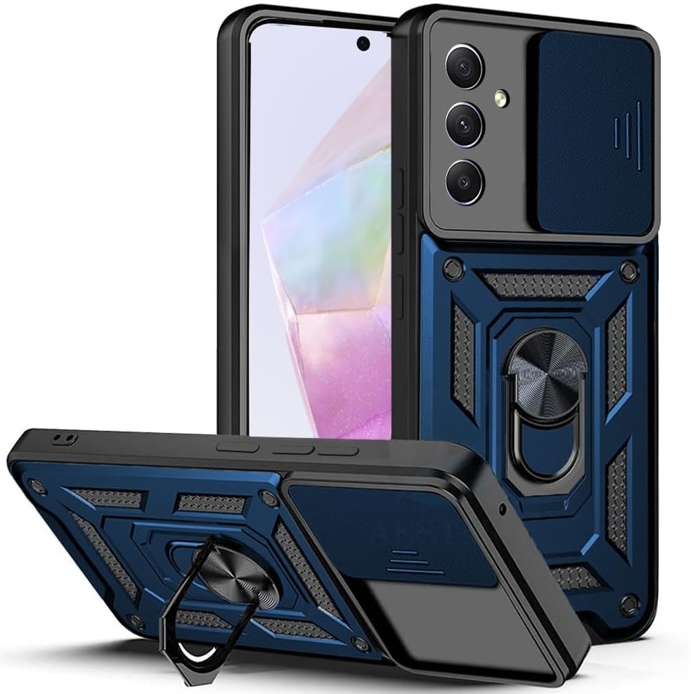 Image of SPAZY CASE Samsung Galaxy A26 5G Back Cover | Heavy Duty Hybrid Case with 360 Degree Rotating Finger Ring Holder + Slider Shutter Camera Protection Case for Samsung Galaxy A26 5G - Blue