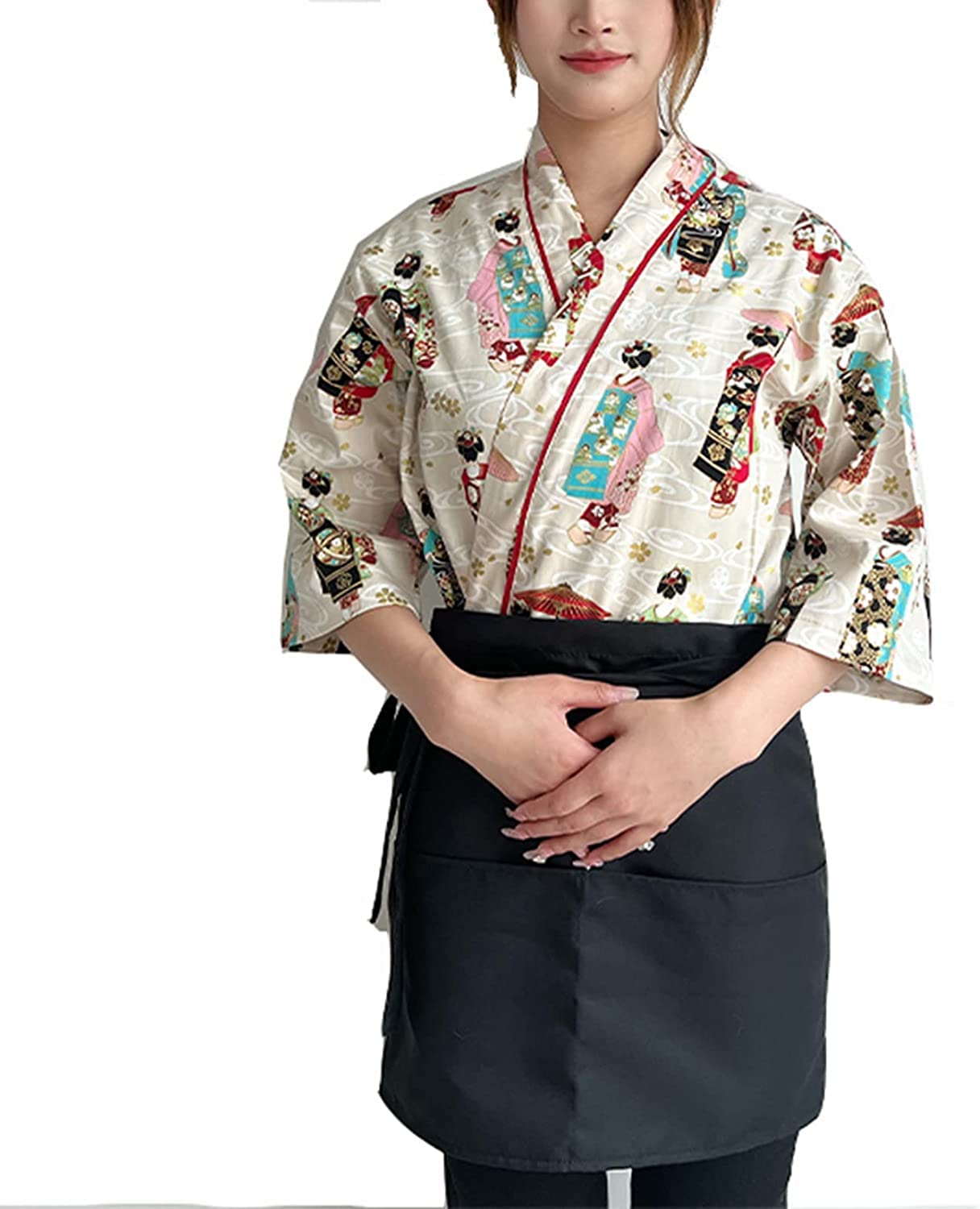 Uniformi alla Moda Giacca da Chef Professionale Unisex Kimono a Maniche Corte Ristorante Cooking Cook Kitchen Catering Abbigliamento da Lavoro (Color : Beige, Size : S)