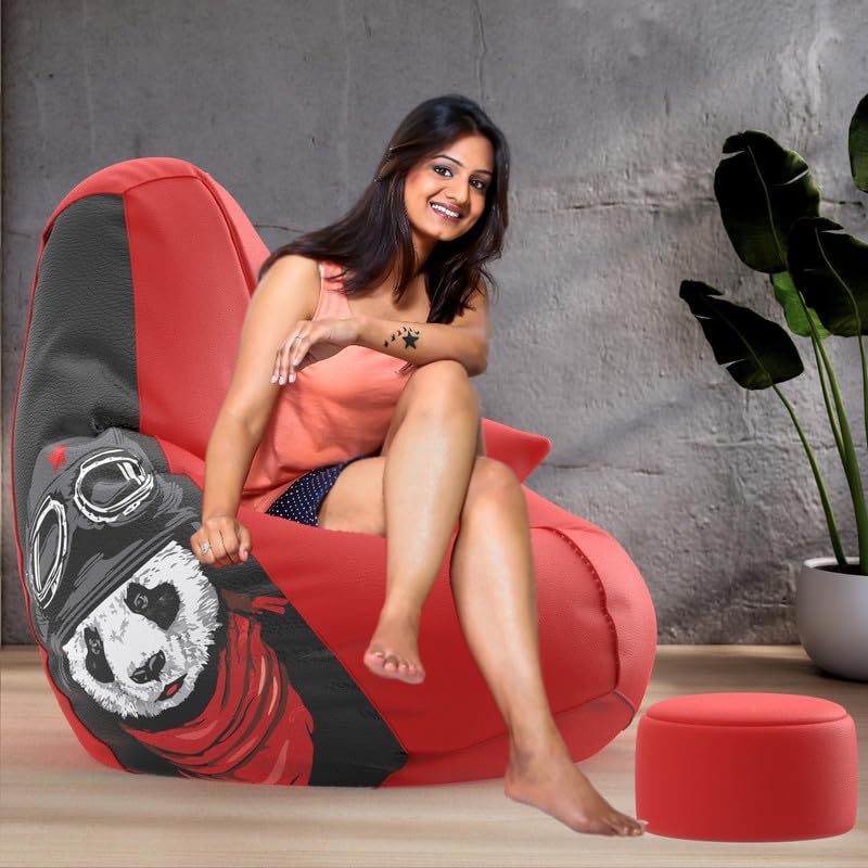 Image of Biggie Bean Bag Chair 5XL with Beans Filled-Pop Prints-Printed Designer Bags-Where Prints Meet Personality with Free Cushion & Footrest (Matching Color : Printed, Crazy Panda-Red)