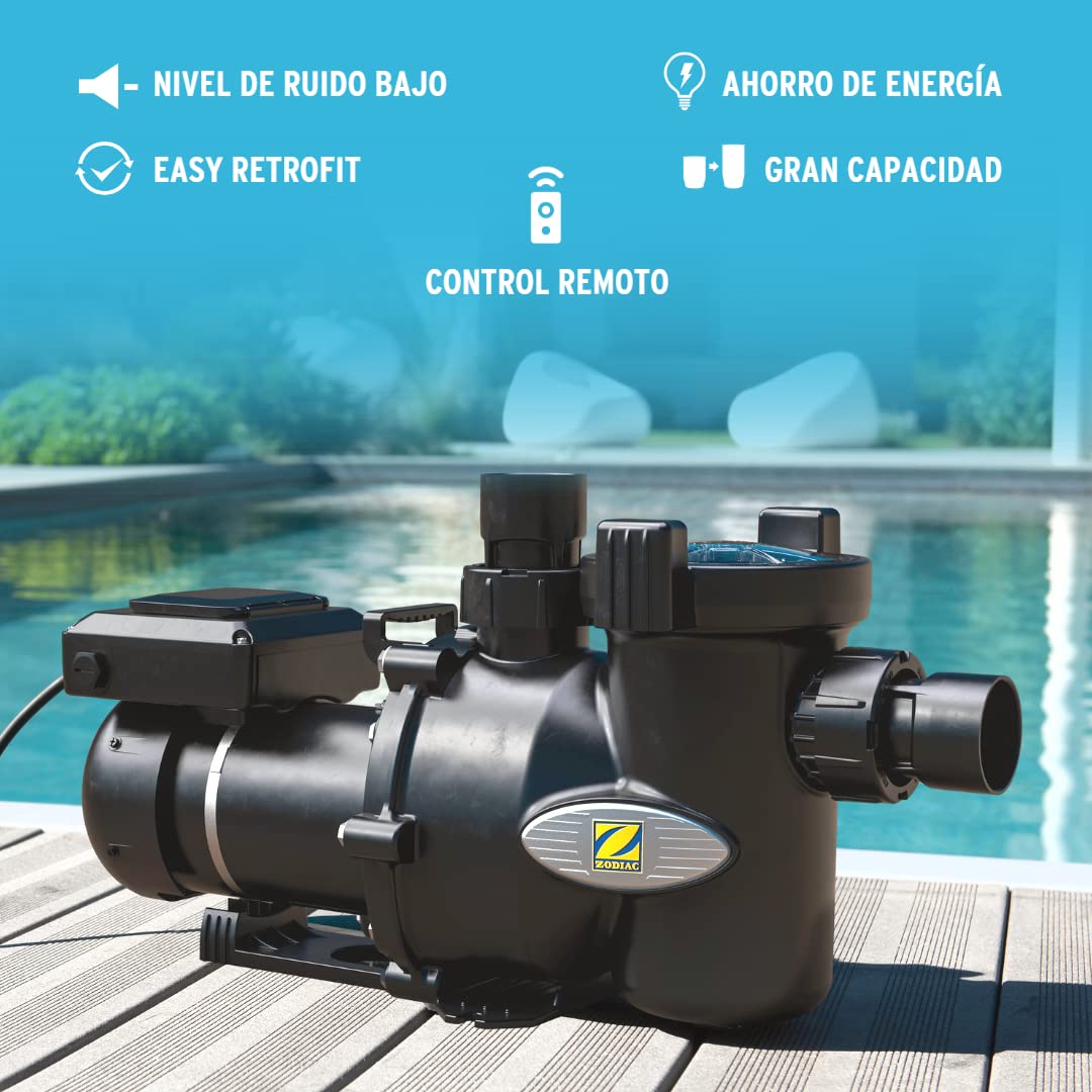 Zodiac E30 iQ 100 bomba de velocidad variable, recomendada para piscinas de hasta 80 m3, alta eficiencia energética en la filtración. Ahorra energía, silenciosa (-12dB) y control mediante una App