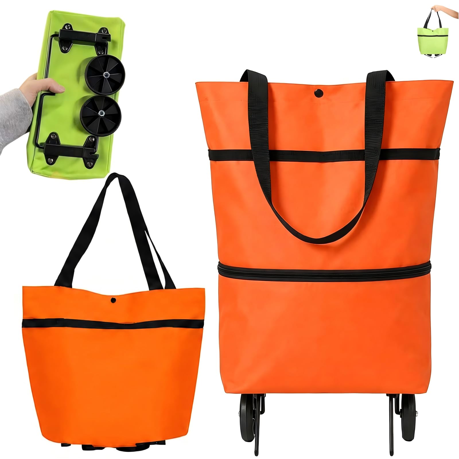 2-in-1 Foldable Shopping Bag with Wheels, Collapsible Rolling Shopping Cart