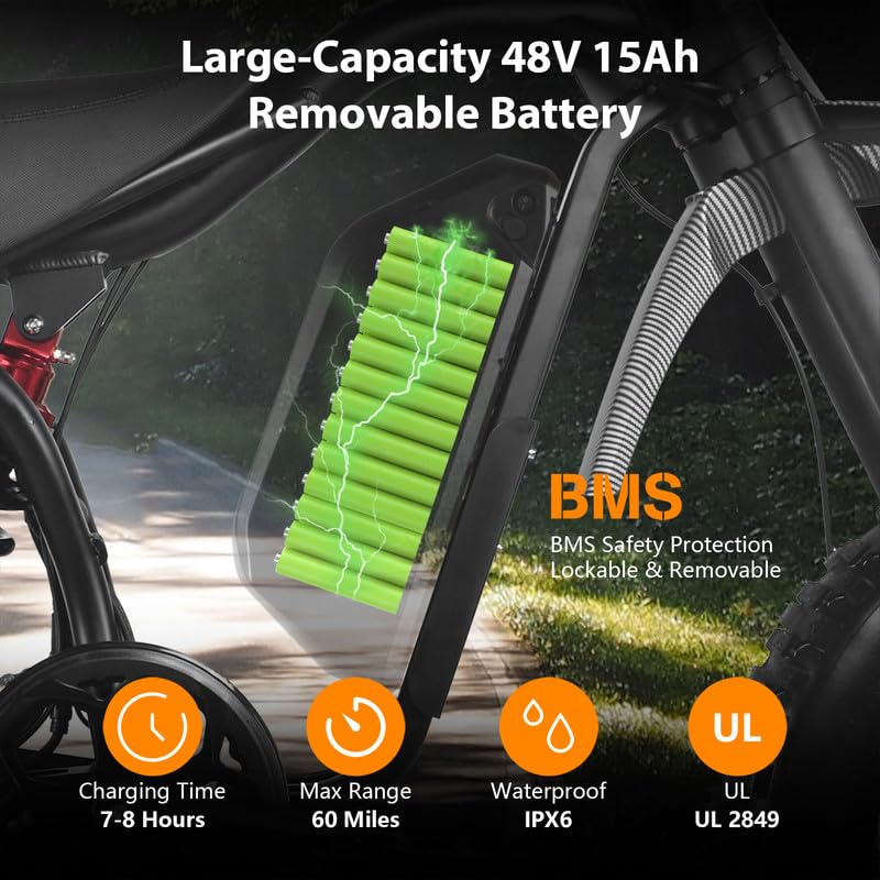Image of 1200W 48V Electric Bike for Adults 15.6AH Removable Lithium Battery 44.2 Mph Max Speed 20 inchx4 inch Fat Tires 5-Speed Gears 7s Shimano Hydraulic Brakes Aluminum Frame with Rear Rack & Fenders Scarlet