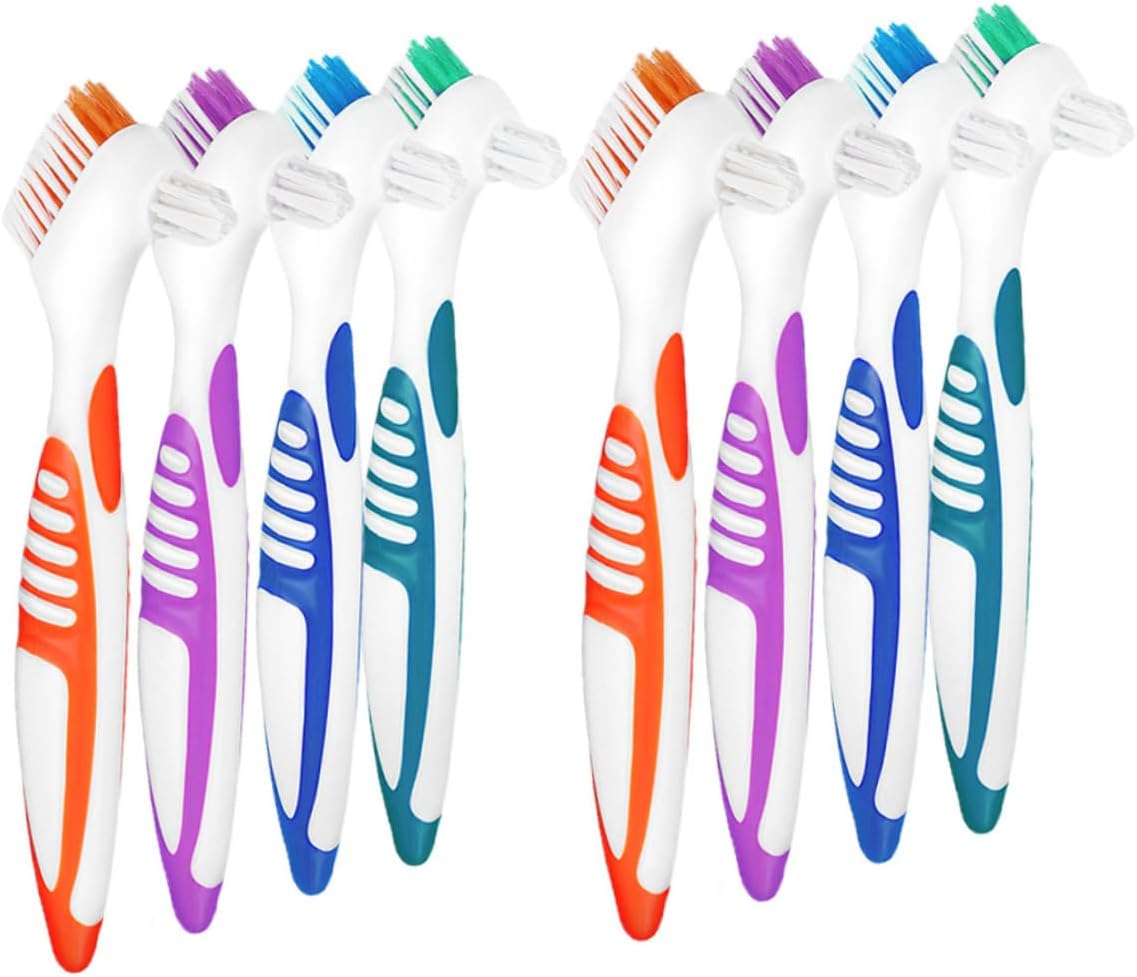 8Pcs Double Sided Denture Brushes for Efficient Cleaning Compact Travel Toothbrushes Blue Green Purple and Orange Design for Denture Care