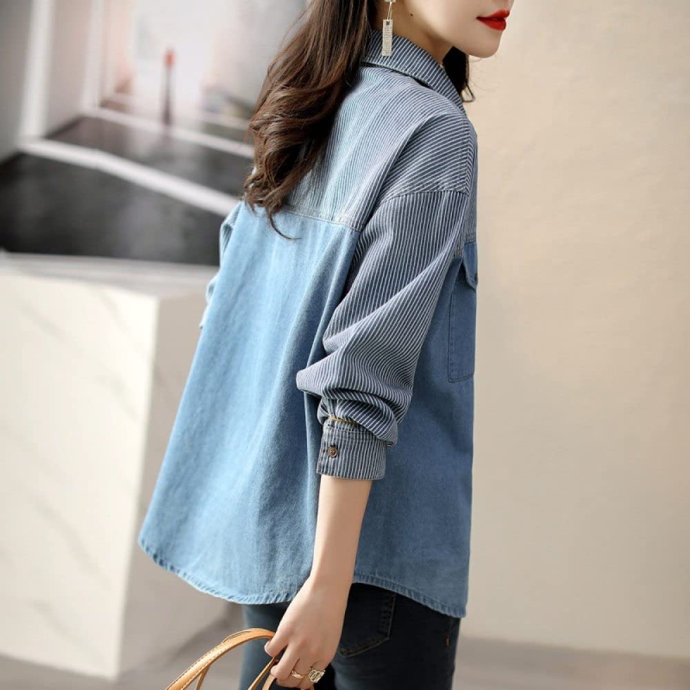 Bluse Damen Elegant，Damen Denim Hemdjacke Lässig Modern Gestreift Patchwork Tunika Hemd Jeanshemd V-Ausschnitt Revers Businesshemd Langarm Knopf Übergangsjacke für Mädchen
