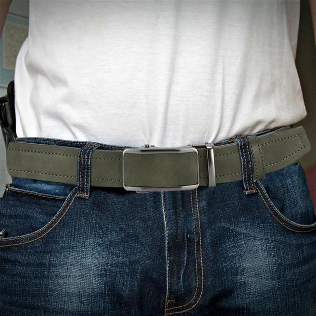 Yeuyyben Cinturón de cuero genuino con trinquete para hombre, hebilla automática, ajustable, para negocios, casual, jeans