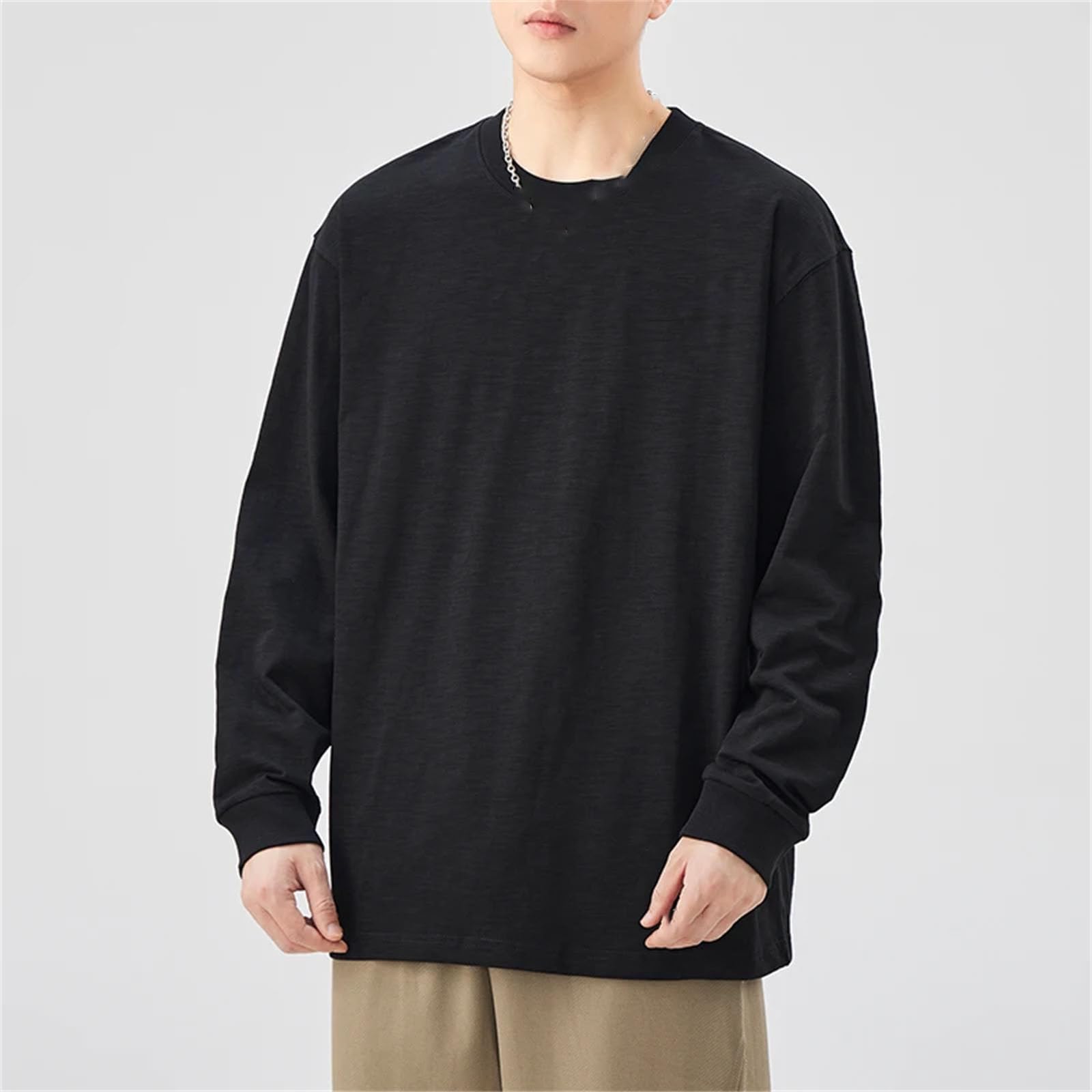 Maglietta da uomo in cotone fiammato pesante, a maniche lunghe, girocollo, ricamato, oversize, casual