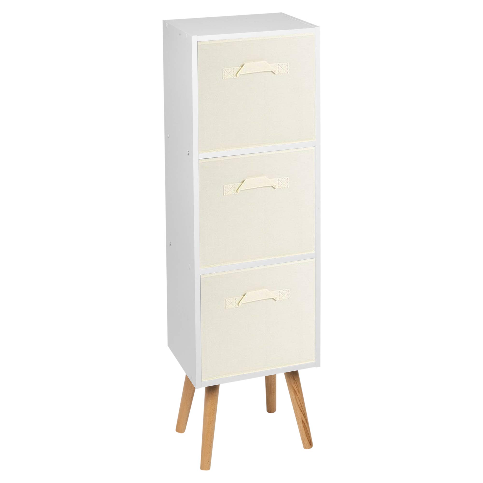 URBNLIVING Wooden Storage 3 Tier Bookcase Scandinavian Style BEECH Legs Unit With Drawers (White Bookcase, Cream Insert)