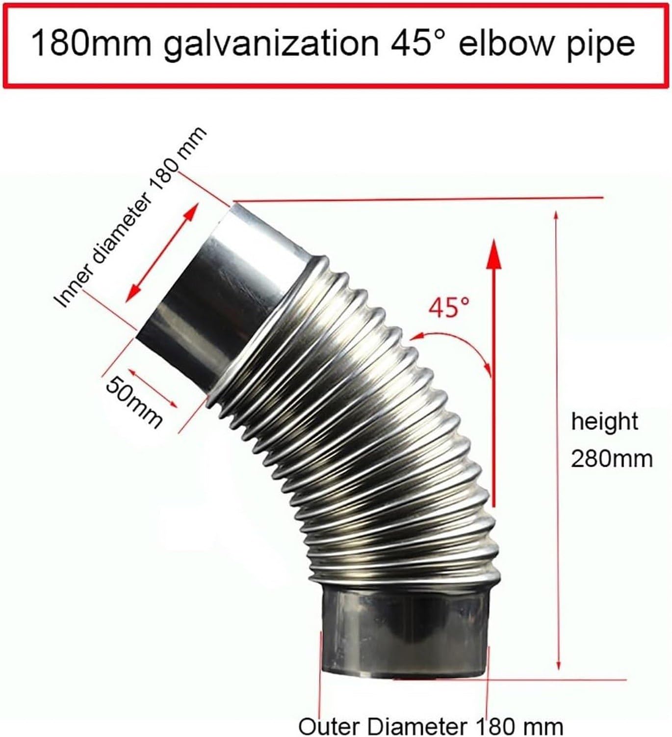 Tubo flexible acodado 45 grados acero galvanizado chimenea, 180mm, 180mm