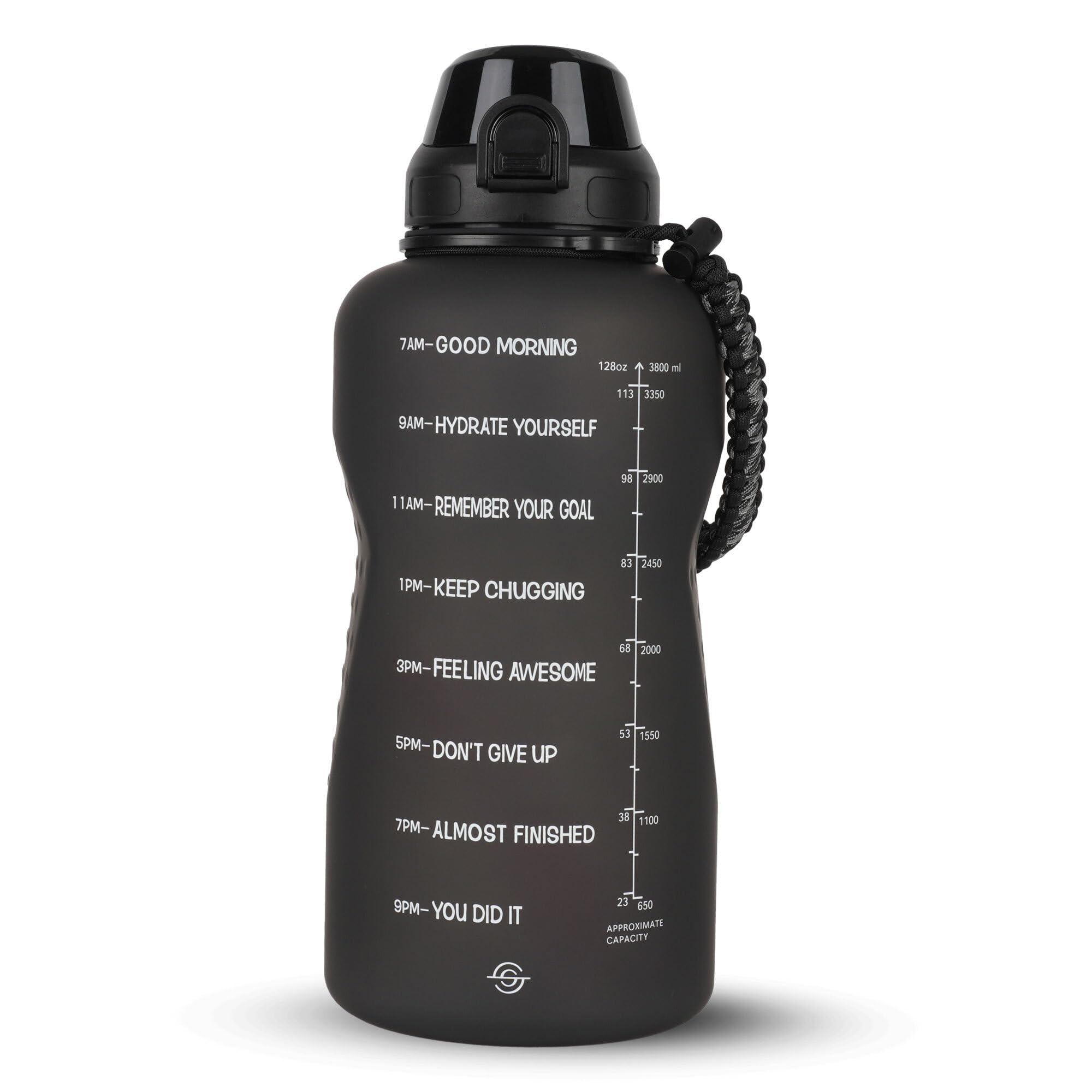 SOLARA Gallon Water Bottle for Adults 3.8 Ltr with Motivational Time Marker, Leakproof Durable BPA Free Non-Toxic Tritan Gallon bottle for Gym, Home, Travel, Sports, Trekking and Office, Black Knight