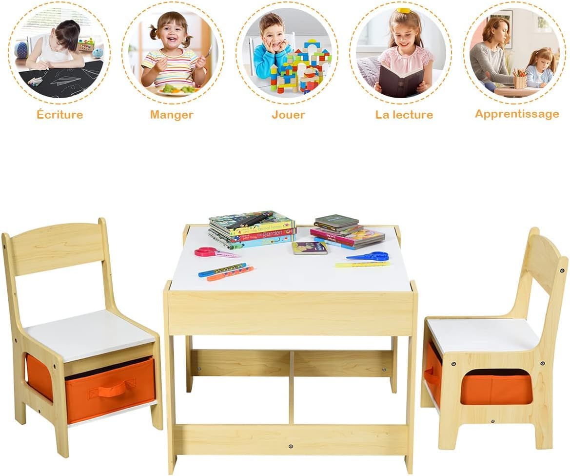 COSTWAY Table Enfant avec Chaise, Petite Table avec Tableau Amovible à 2 Faces et 2 Boîtes, Bureau Enfant avec Rangement Taille Compacte pour Chambre, École