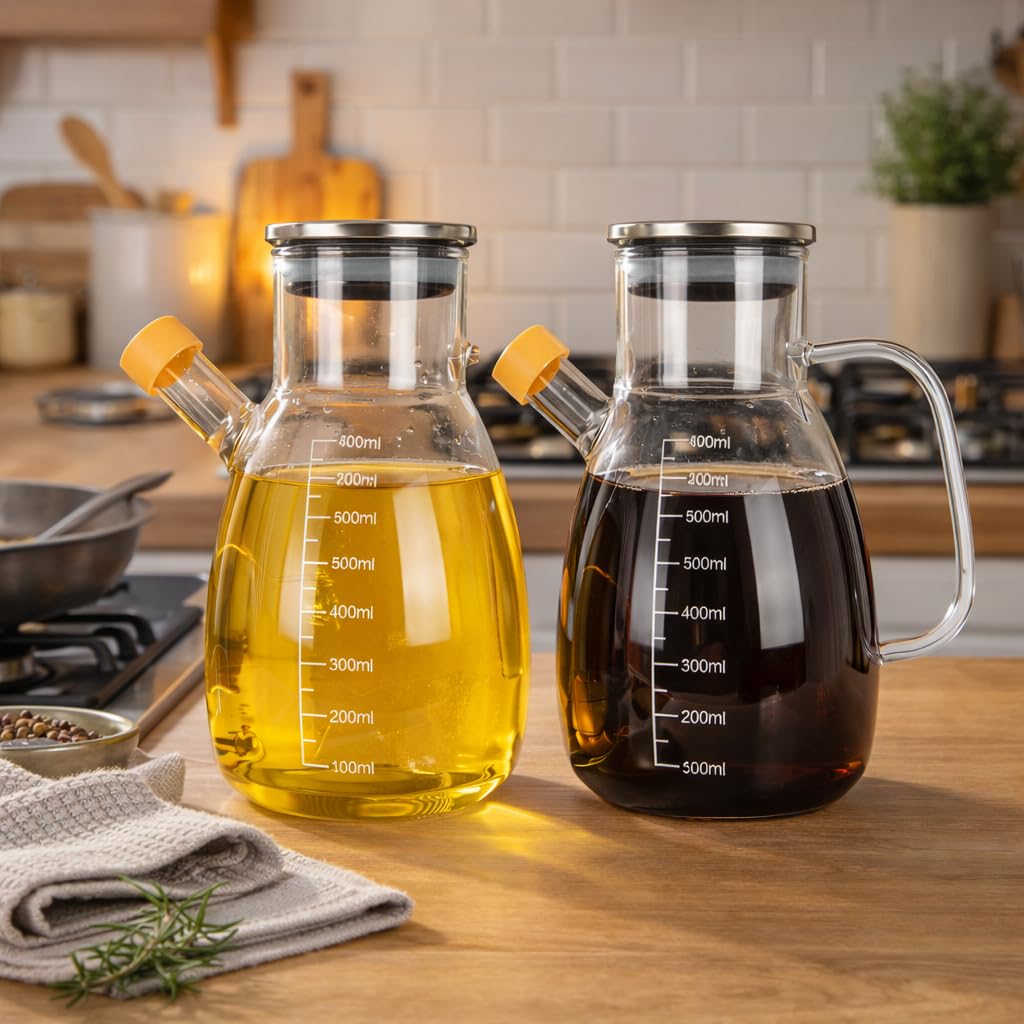 Eden & Willow Set 2 (800Ml) Glass Olive Oil Bottle, Vinegar Cruet Bottle With Non-Drip Spout – Kitchen Cooking Oil Dispenser Drizzler With Stainless Steel Lid And Handle,