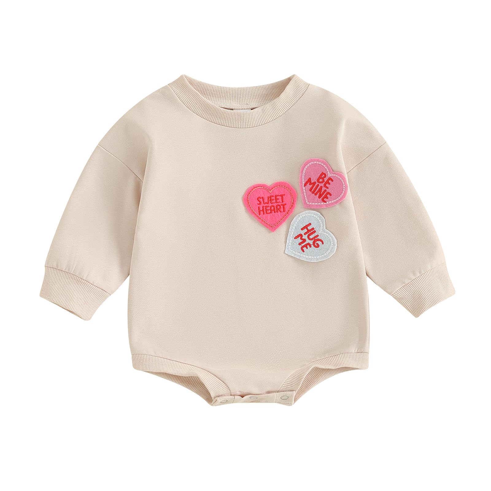 LAGKIYOJ Baby Girl Valentines Day Outfit Heart Embroidery Bubble Romper Long Sleeve Crewneck Sweatshirt Infant Spring Clothes (Apricot Heart, 6-12 Months)