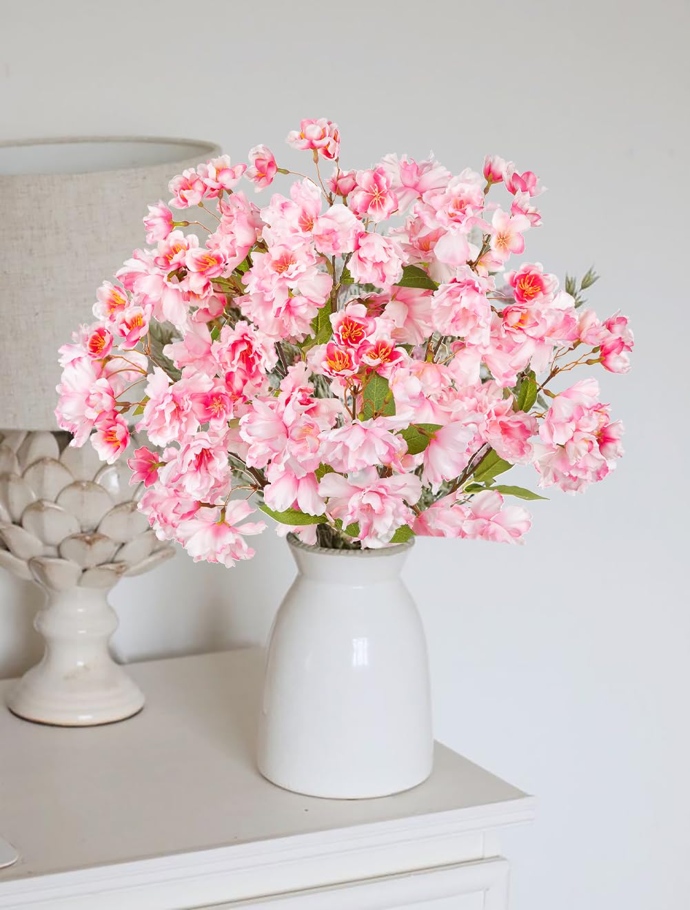 Sggvecsy Artificial Cherry Blossom Flowers - 6 PCS Faux Silk Branches, 15.7’’ White Peach Blossoms For Vase Decor