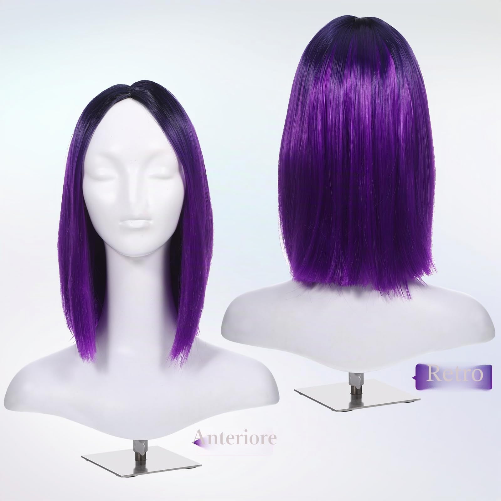 Lurrose Parrucche sintetiche colorate corte ad alta temperatura da donna in pizzo sfumato dritto Bob Cosplay parrucca capelli umani Cap viola
