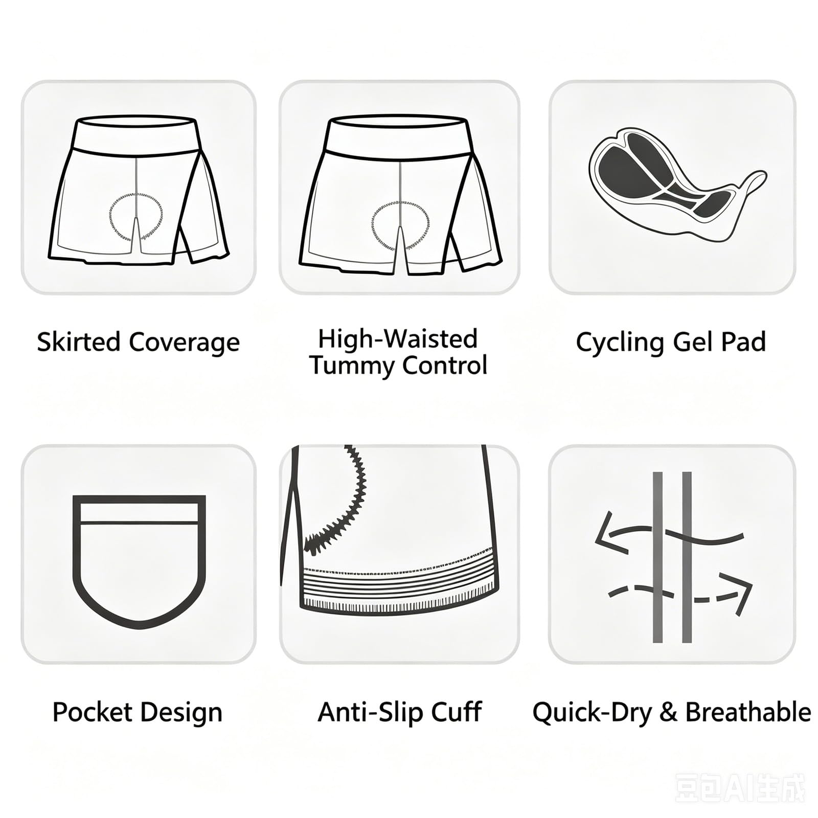 Jupe-Culotte de Cyclisme Femme avec Short Rembourré 4D, Jupe Sportive Taille Haute Respirante à Séchage Rapide, Short Intégré avec Poches pour Tennis Golf Course Route VTT