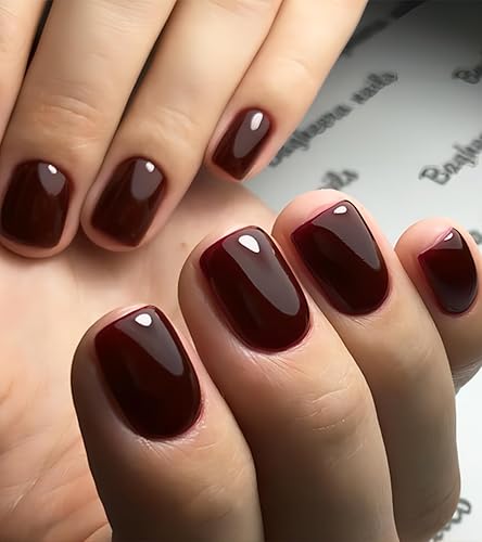 Uñas postizas cortas a presión, cuadradas a presión, color rojo vino gelatina, uñas adhesivas color borgoña con calcomanías de gelatina, uñas