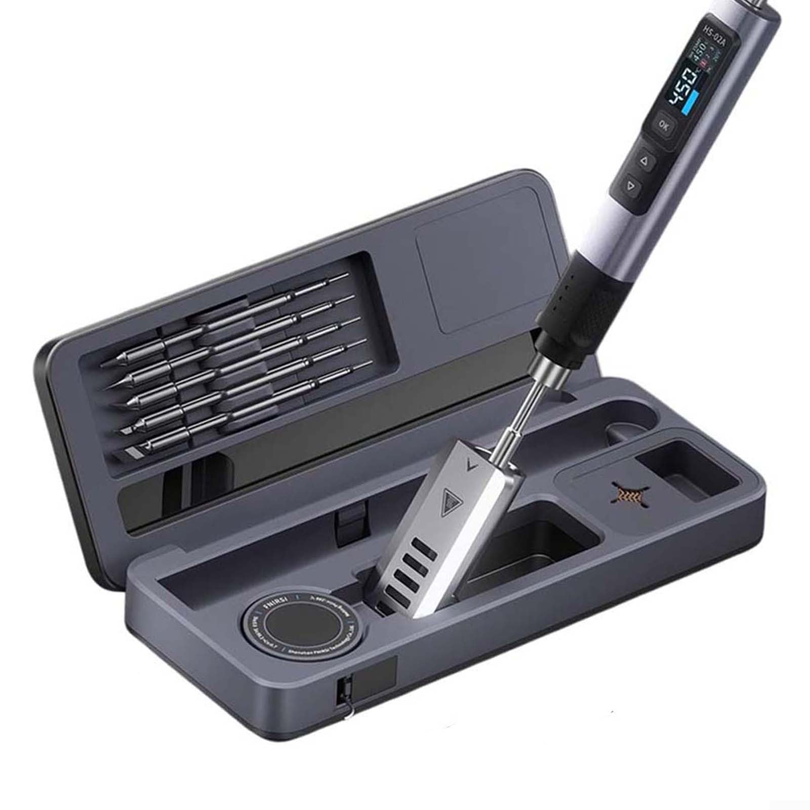 Kit inteligente de soldador CNC de aleación de aluminio + caja de almacenamiento de banco de trabajo móvil de silicona HS-02, con carga tipo C, control de temperatura, pantalla a color IPS de alta