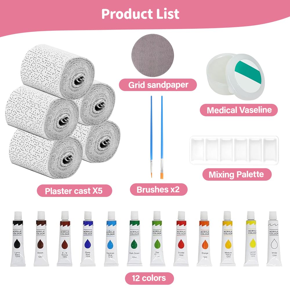 Kit Moulage Ventre Femme Enceinte, Bande de Plâtre avec Peintures et 2 Pinceaux, Sculpture pour Souvenirs de Grossesse