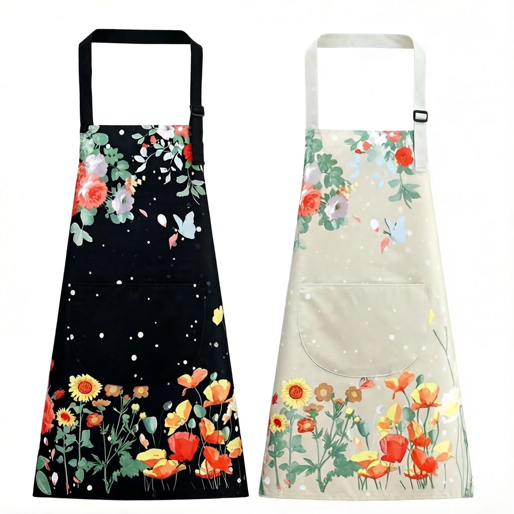 Cosiesnest 2Pcs Floral Aprons with Pockets, Womens Waterproof Adjustable Neck Strap Kitchen Aprons for Women, for Cooking Baking Gardening BBQ Vintage Kitchen Apron