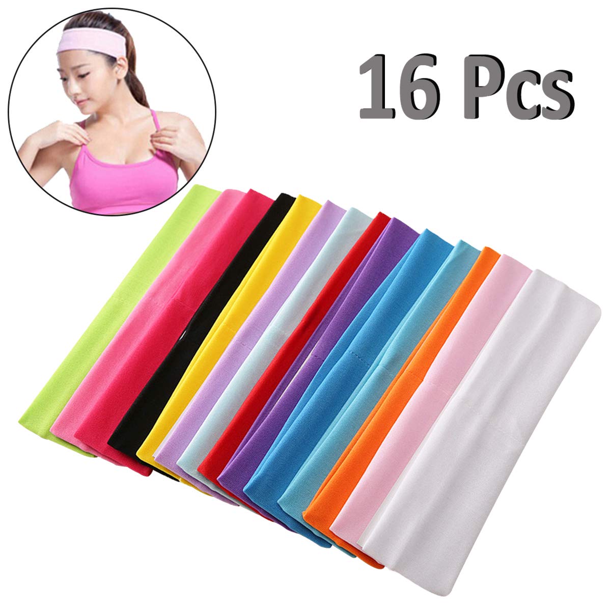 16-Pack Unisex Stretch Elastic Yoga Cotton Headbands Sweatband for Teens and Adults, Non-Slip Sport Sweatband Headwear for Running, Yoga, Tennis, Volleyball, Basketball Fitness All Sports