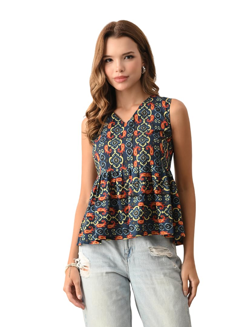 Anouk Women Cotton Top | Sleeveless Printed Design | Lightweight Casual Wear for Everyday Styling in multi