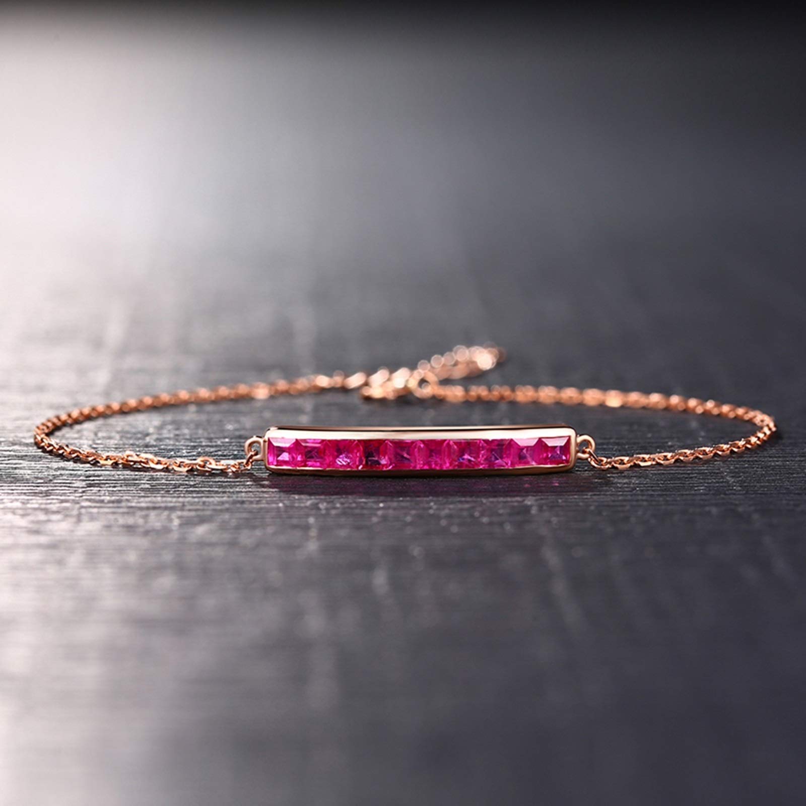 ZH1YFD Pulsera Mujer Oro Rosa 18 K, Barra con Rubí 1.46ct Pulseras Cadena Mujer 16+2CM