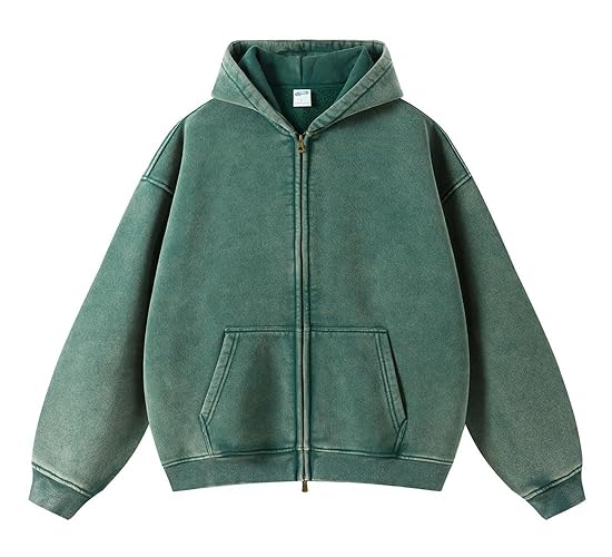 DXSHCV Oversize Men's Vintage Hoodie Zip Up Long Sleeve Sweatshirt with Pockets Acid Wash Streetwear Fleece Hoodies Jacket - Green - XX-Large