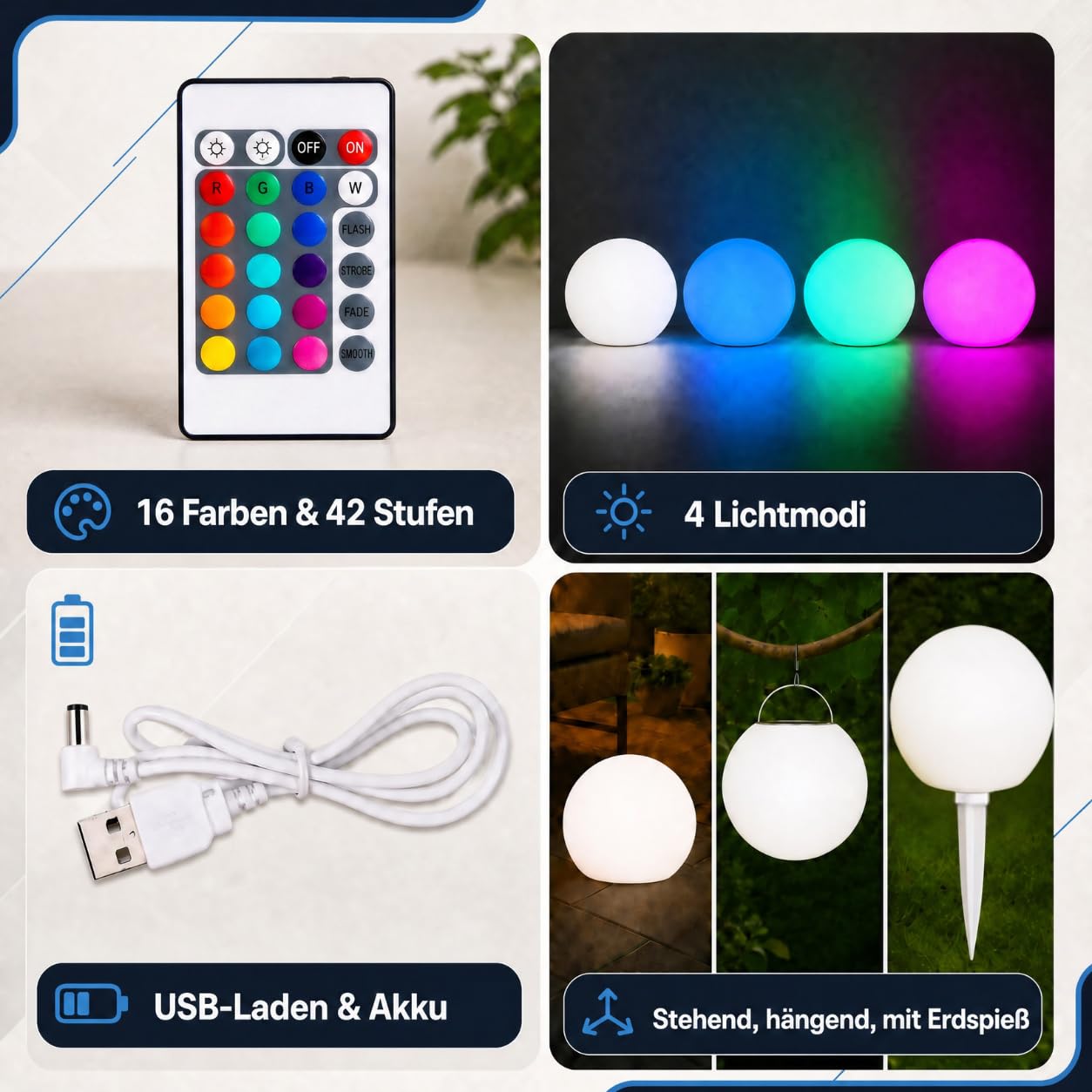 @tec LED Leuchtkugel für Garten & Terrasse, 25 cm Durchmesser, mit Fernbedienung für RGB Farbwechsel und Dimmung, mit Akku, IP54, hängend oder stehend, USB aufladbar, robuste PE-Hülle