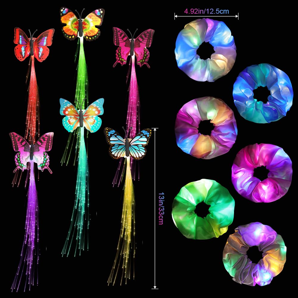URAQT LED Light Up Elastic Hair Bands,6PCS Luminous Hair Ties,6PCS Butterfly Flashing Fiber Optic Hairs Braid with Clips,Light up Hairs Accessories for Halloween Rave Glow Party - Image 2
