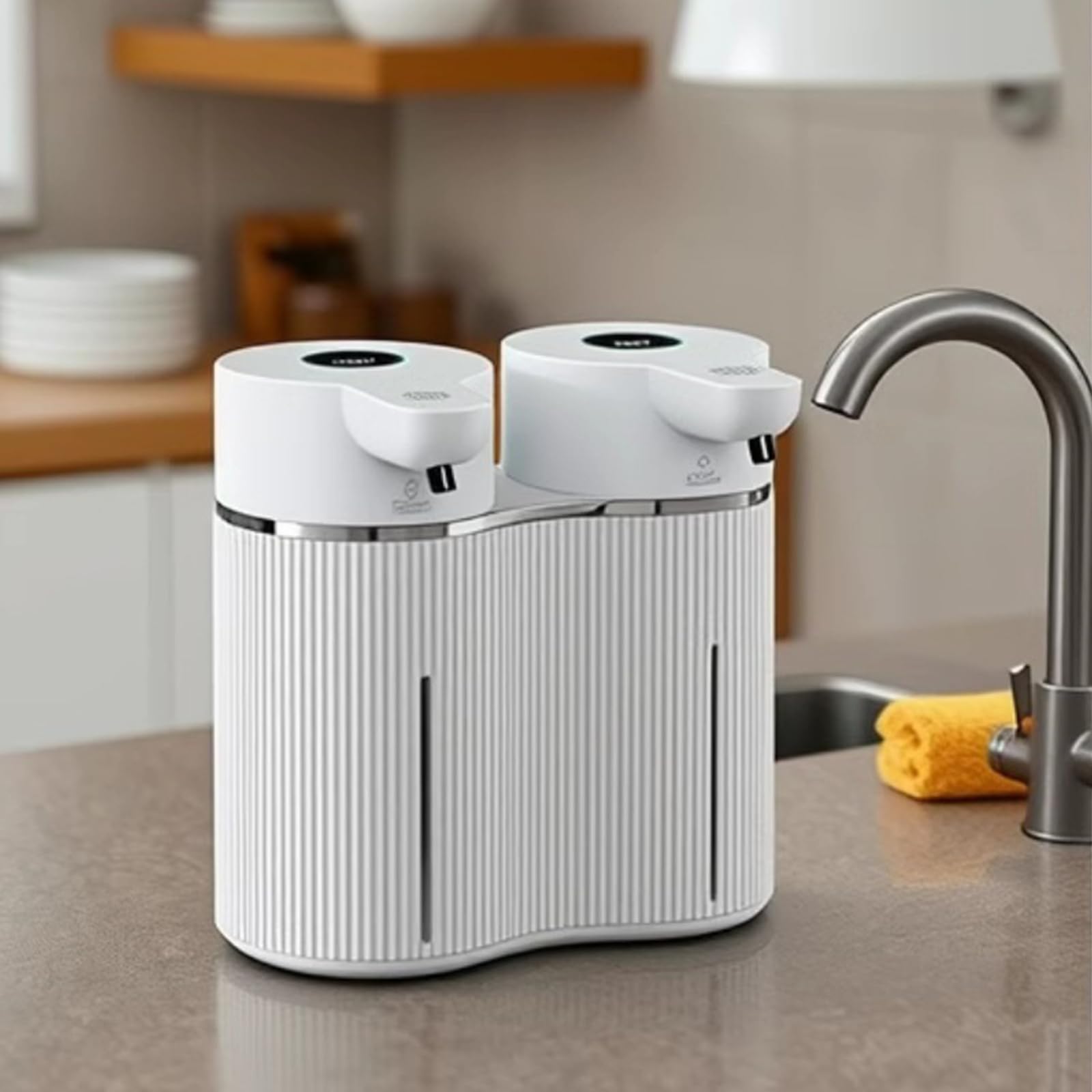 Dispensador de jabón operado por transductor Dispensador de jabón líquido y Espuma 2 en 1 27 oz con batería para encimera de Lavabo de baño Compartimento Doble