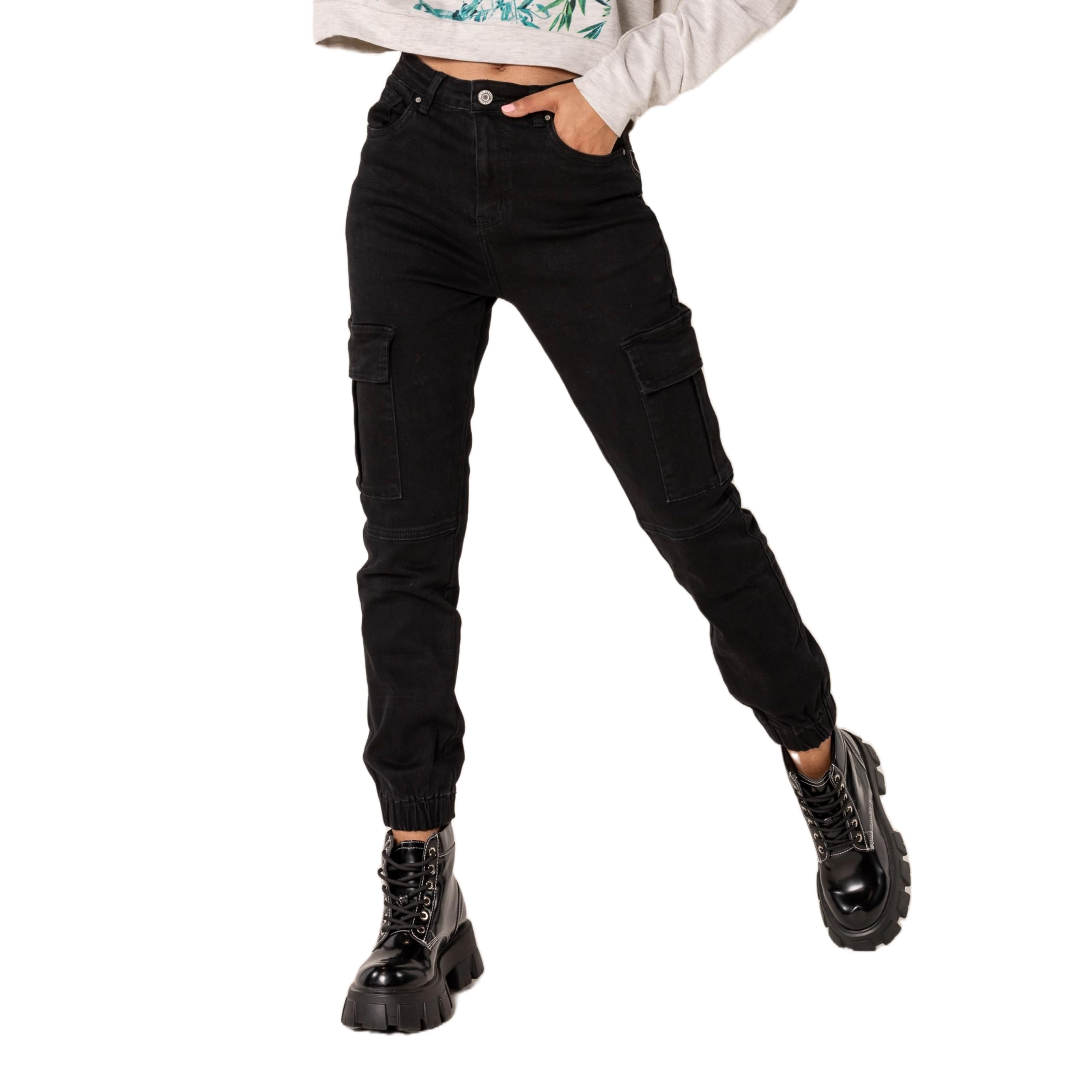 Nina Carter P219 Damen Cargo Jeans High Waist Relaxed Fit Jeanshosen Elastischen Beinabschlüssen Used-Look