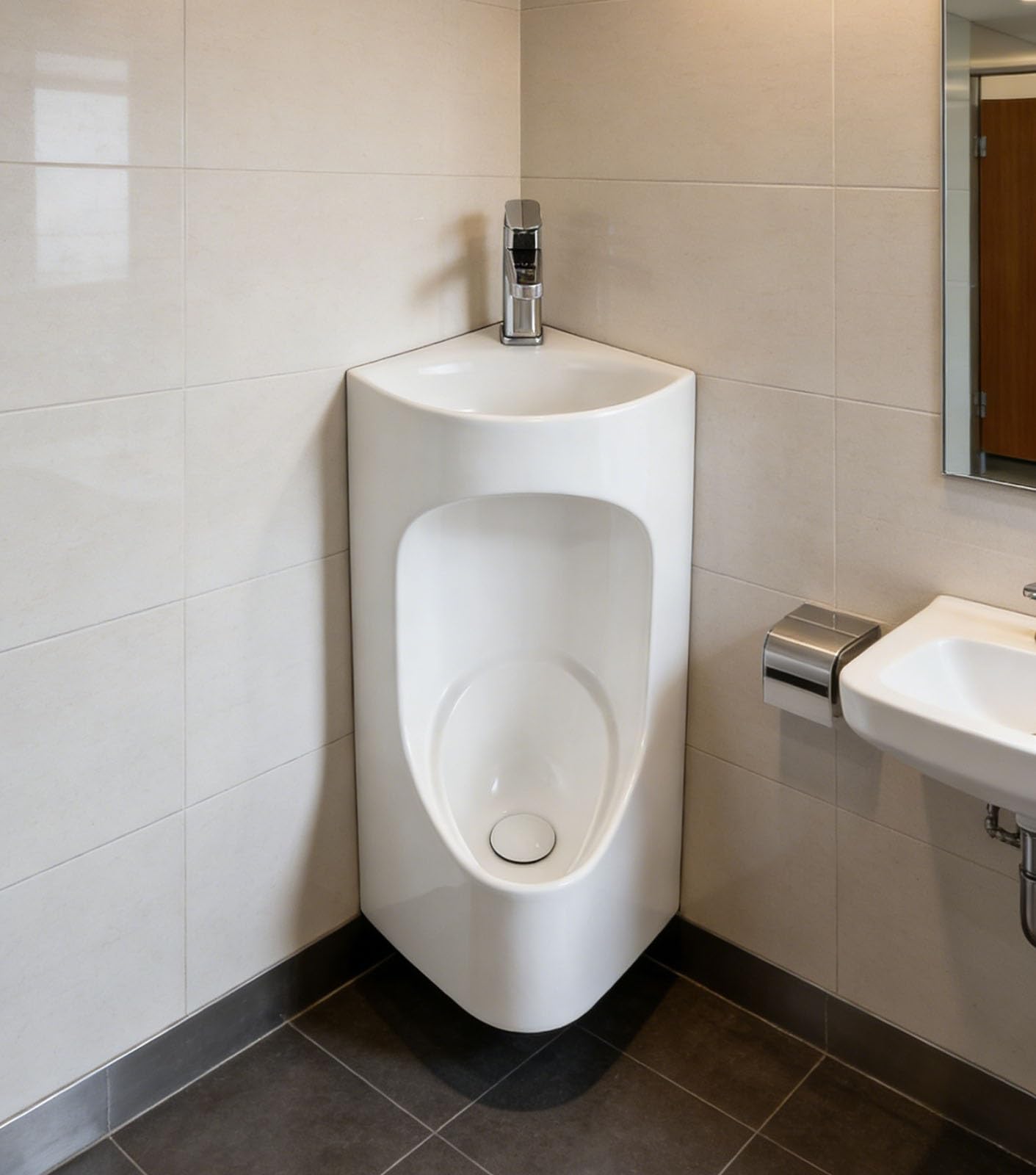 Ceramiczne Pisuary Ścienne 2 W 1 Dla Mężczyzn Z Rurą Odpływową Podłogową Oraz Zestawem Do Mycia Rąk I Spłukiwania, Komercyjny(Silver faucet)