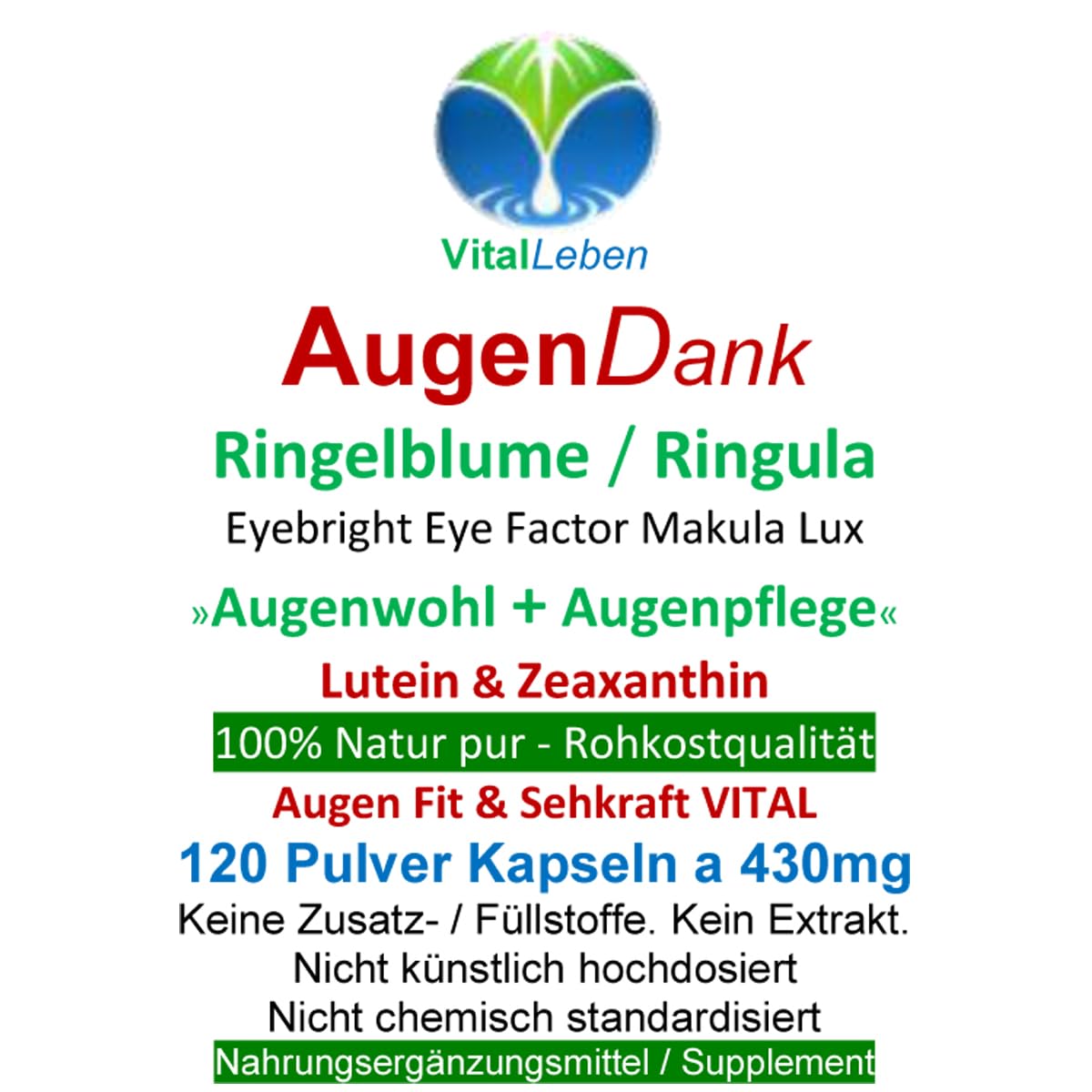 RINGELBLUME AUGEN Vitamine Lutein & Zeaxanthin Sehkraft VITAL COMPLEX + Netzhaut Maculapigmente - 360 (3x120) Kapseln - Natur pur - OHNE ZUSATZSTOFFE. 26970-3