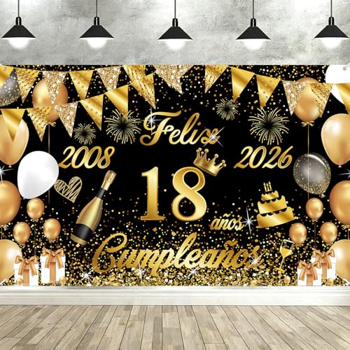 Banner feliz aniversário 18 anos 2008-2026, Seutgjie Happy Birthday decoração para menina meninos para festa de aniversário 18 ouro preto 180 x 110 cm