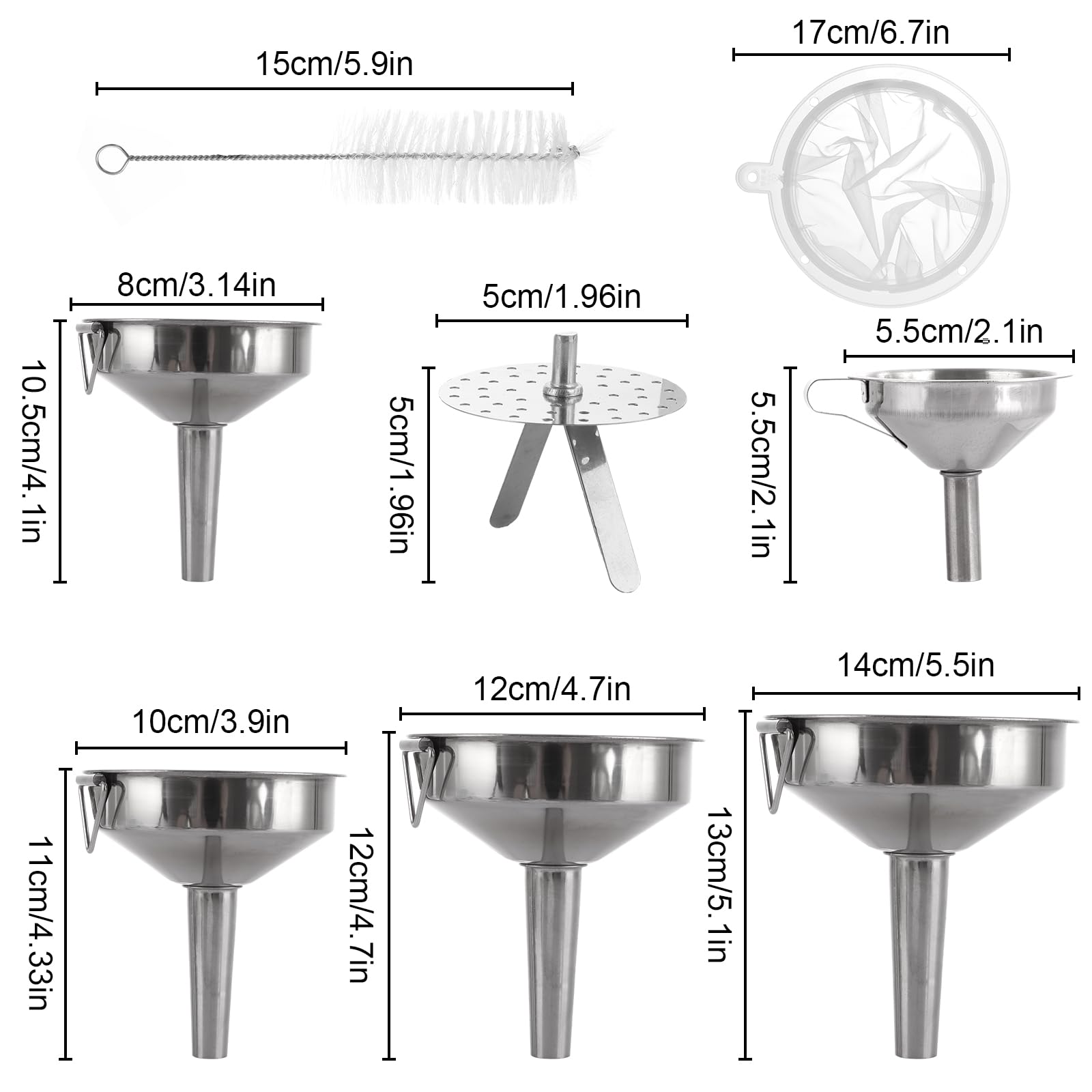 ASelected 5 Stück Edelstahl Trichter Set Trichter Edelstahl Küche Trichter mit Griff Marmeladentrichter mit Sieb Filter Reinigungsbürste zum Übertragen von Flüssigkeiten Öl Saft Marmelade Pulver