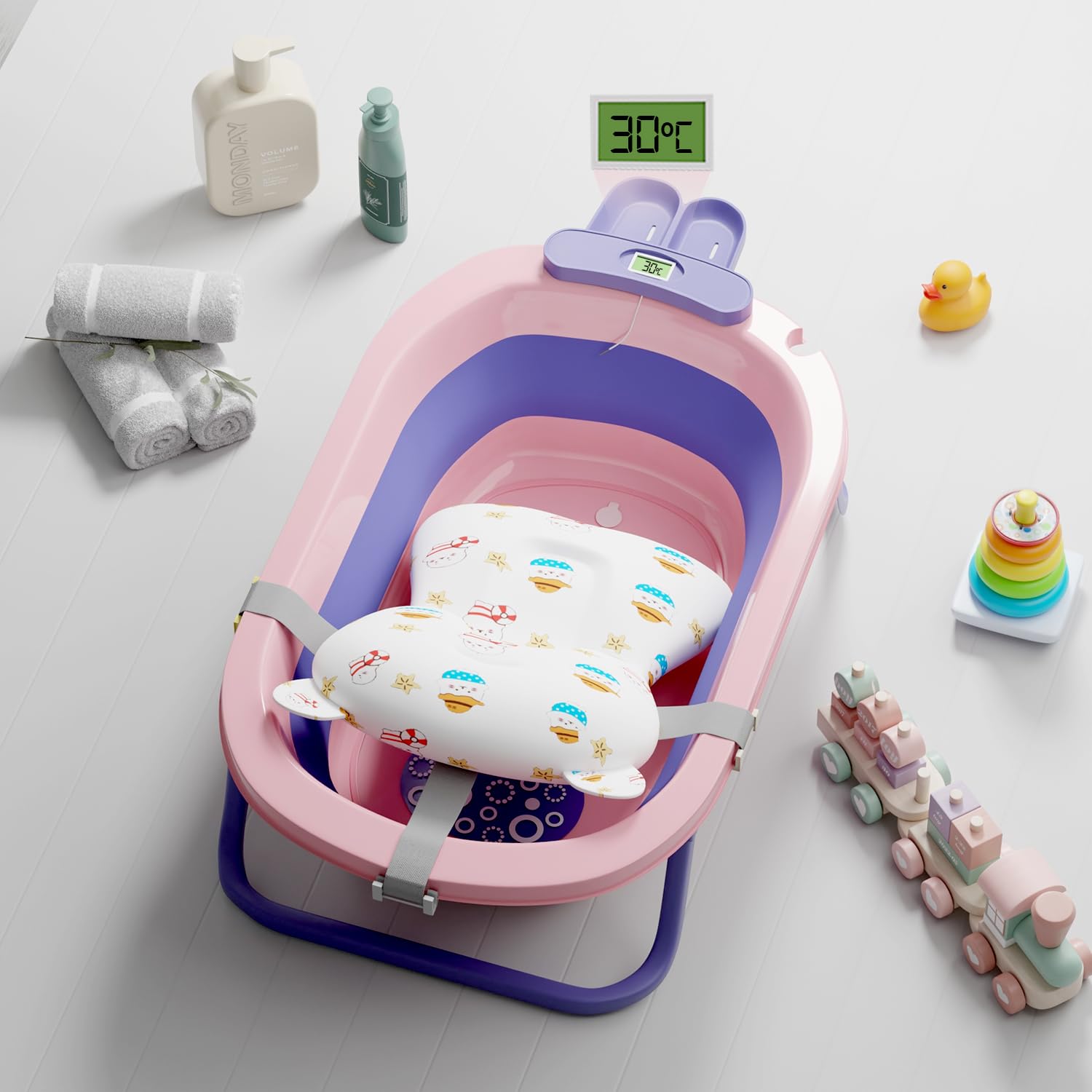 Lifelong Cuppy Baby Bath Tub for 0-3 Years, Newborn Baby Essentials, Foldable Kid-Friendly - Mini Swimming Pool Tub, Padded Cushion & Thermometer, Portable Bathtub for Bathroom Use, Dual Tone Colour-image-49