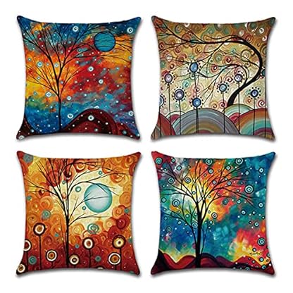 クロスフィールド（Crossfield） Kissenhülle Samt Quadratischer Dekokissen Doppelseitiger Druck Zierkissenbezüge Dekorative Kissenbezüge für Home Schlafzimmer Auto Dekor,4 Stück 55x55cm(Abstrakter Fantasiebaum)
