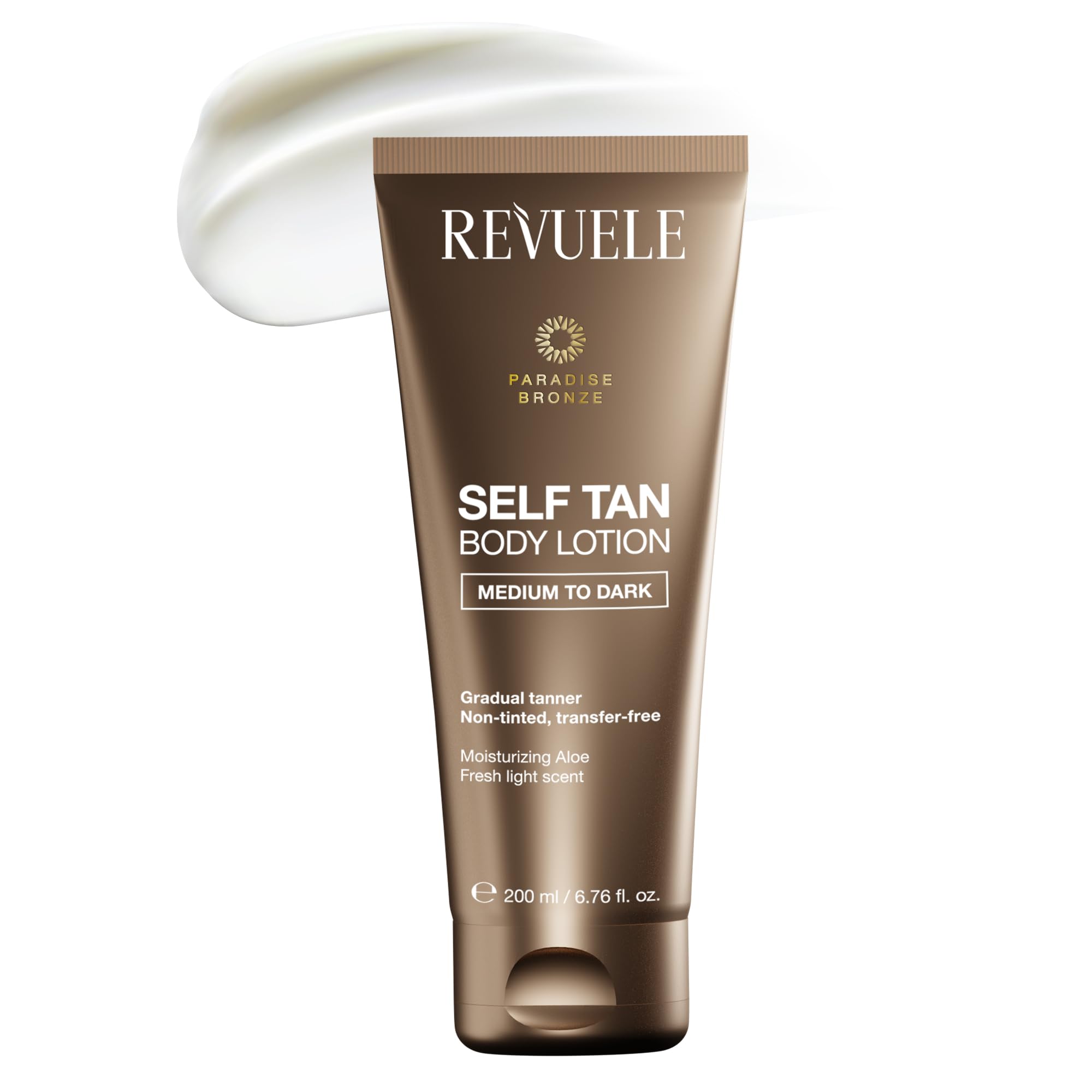 REVUELE Self Tan Body Lotion Medium to Dark – Gradual Self Tanner with DHA, Aloe Vera & Vitamin E | Deep Sunless Tan, Hydrating Body Lotion & Streak-Free Glow, 200ml