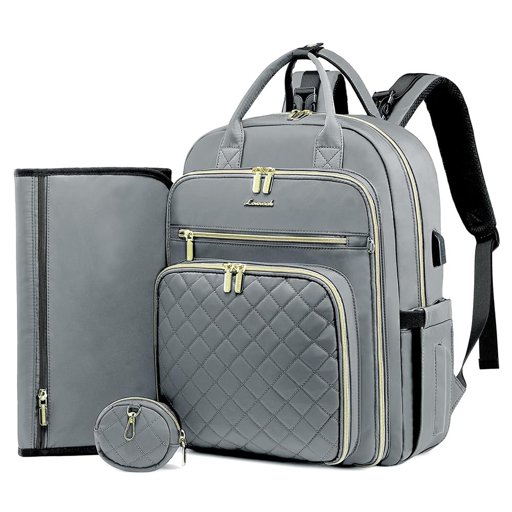 LOVEVOOK Baby Diaper Bag,Waterproof Diaper Backpack with USB Charging Port for Baby, Large Capacity Fit for 15.6 inch Laptop,Light Grey
