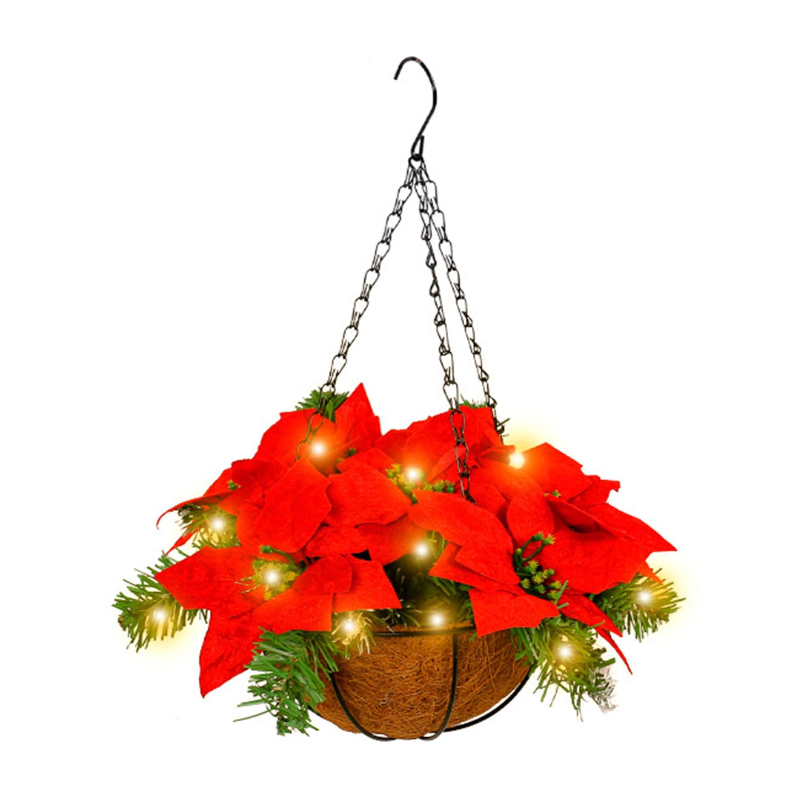 Festive LED Artificial Poinsettia Floral Arrangement Hanging Basket Red Flowers For Home Christmas Decoration Red Flowers For Christmas Decor