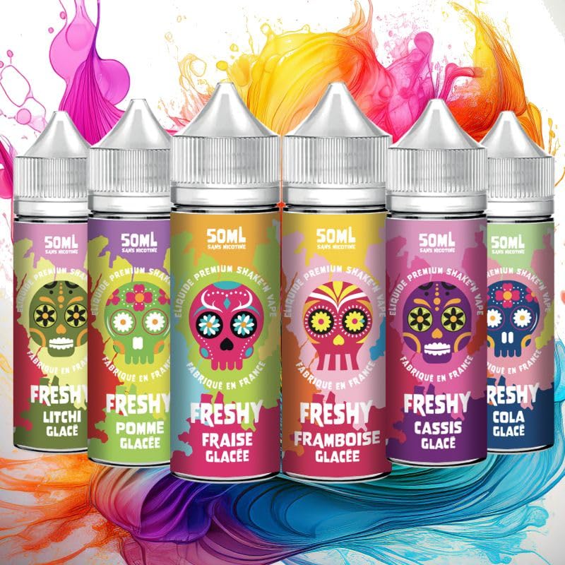 E-LIQUIDE PACK DE 6 FIOLES FRESHY REMPLIES A 50ML (SAVEURS : LITCHI GLAC,  POMME GLACE, FRAISE
