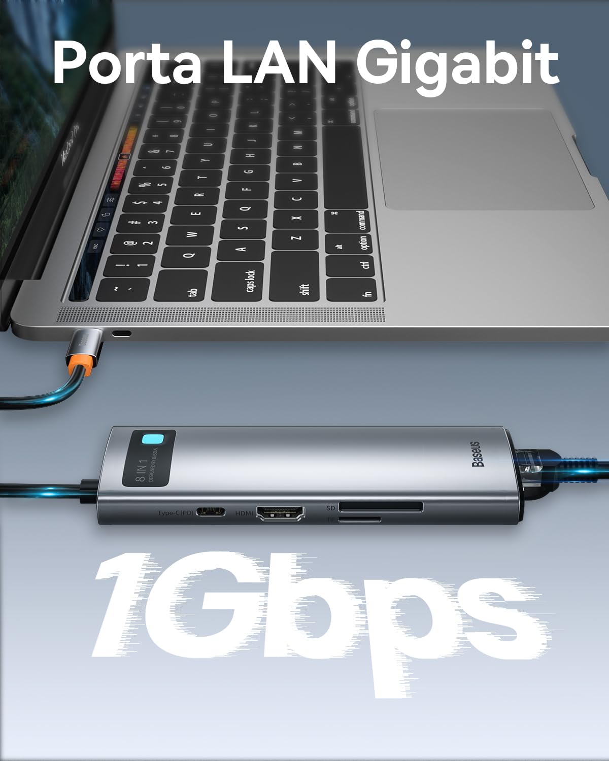 Baseus Hub USB C 8 in 1 Adattatore con 4K HDMI, Gigabit Ethernet, 100W PD, 3 USB A 3.0, Lettore Schede SD/TF, Docking Station per Laptop MacBook Pro/Air, Surface Pro, iPad Pro, Dell, Steam Deck usw
