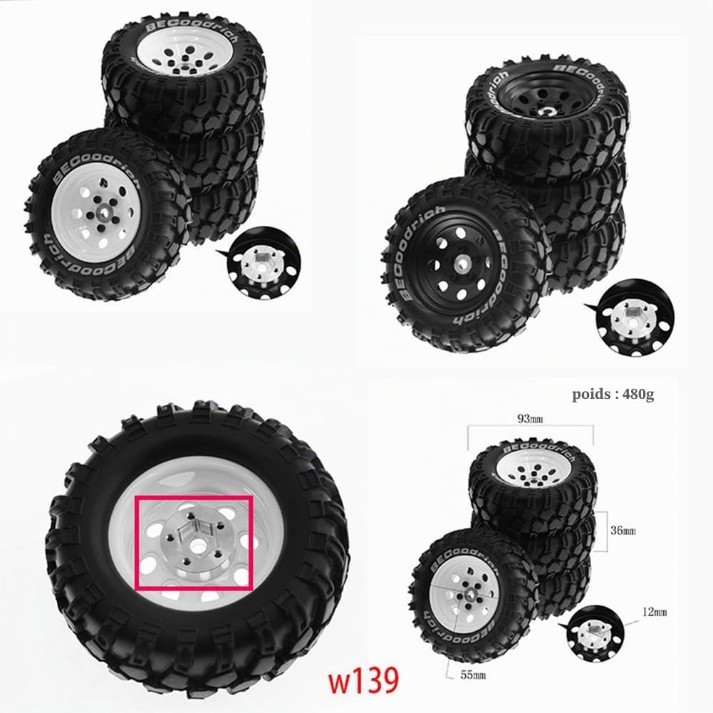 4 Pièces 1,9 Pouces Jante en Métal Pneu en Caoutchouc pour 1/10 RC Chenille TRX4 SCX10 D90 4103 90046 FR4 FMS NT4-Pièces Blanches