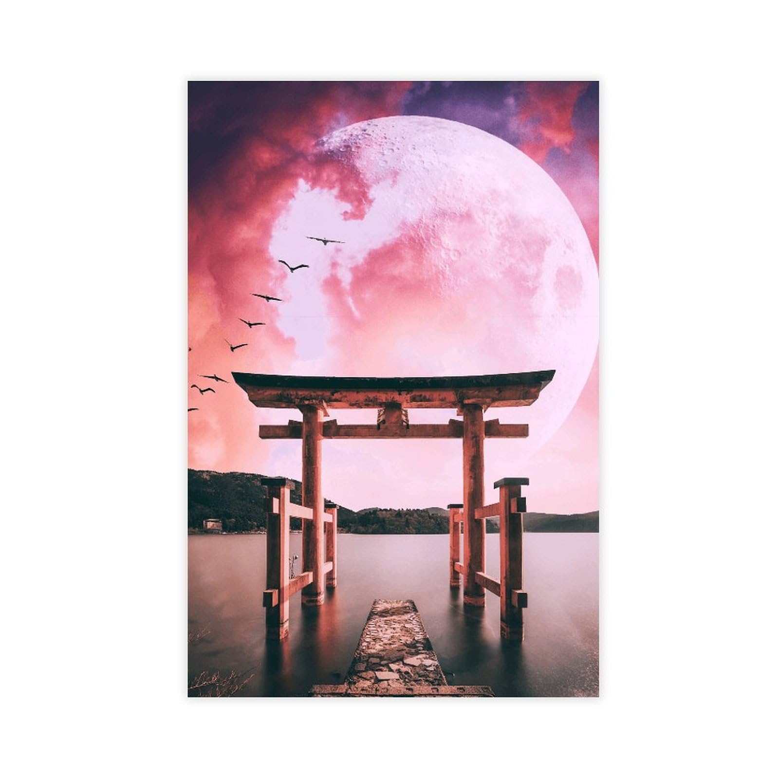 WRTYVE Poster su tela con sole, luna, lago, per ufficio, decorazione regalo